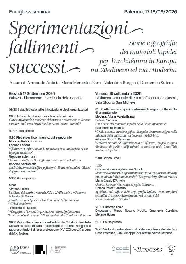 Flyer: Sperimentazioni fallimenti successi: Storie e Geografia dei materiali lapidei per l’architettura in Europa tra Medioevo ed Età Moderna
